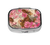 Pink Flower Show Steer Cows Cattle2_1 Square Mini Pill Case, Compact Metal Pocket Pill Box with 2 Compartments for Travel