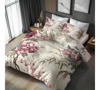Pink Flower Single Bed Duvet Cover Set 2 Piece with 1 Pillowcase, Bamboos Leaf Floral Patterned Bedroom Decor Bedding, Soft Microfibre Quilt Cover with Zip PJ-77