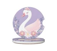 Pink Flower Swan 2-Piece Set of Ceramic Car Coasters, Anti Slip Ceramic Coasters Car Accessories, with Cork Base and Notch