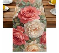 Pink Flower Table Runner, Orange Rose Green Leaf Classic Romantic Style Cotton and Table Linen Runner for Kitchen Dining Home Decor for Party Festival Holiday Decoration Gift 13x48in
