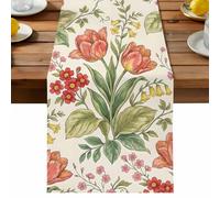 Pink Flower Table Runner, Tulip Red Yellow Floral Vintage Country Plant Cotton and Table Linen Runner for Kitchen Dining Home Decor for Party Festival Holiday Decoration Gift 13x48in