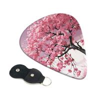 Pink Flower Tree Guitar Picks 6 Pcs, 0.46mm Thickness Celluloid Plectrum with Leather Picks Holder, Personalized Guitar Pick for Bass Electric Acoustic Guitars Lovers Gift