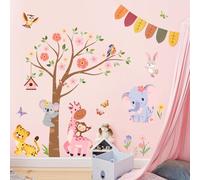 Pink Flower Tree Jungle Wall Decals, Tiger Elephant Giraffe Wall Stickers Cartoon Animal Peel and Stick Wall Decal Self Adhesive Wall Art Sticker for Girl Baby Nursery Kids Room Living Room Home Decor