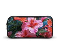 Pink Flower Tropical Plant Pencil Case - Large Aesthetic Makeup Bag Multi-Purpose Pencil Pouch Cute Cosmetic Bag with Zipper Closure for Office, Home, Study & Travel