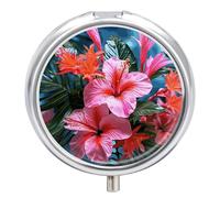 Pink Flower Tropical Plant Pill Box Round Portable Small Pill Case Waterproof Travel Pill Box Organizer for Pocket Purse and Daily Convenience