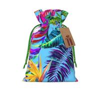(Pink flower tropical plant) Printed Christmas S Size Gift Bags with Green Ribbon Drawstring Candy Bags for Kids Xmas Holiday Christmas Eve Presents