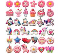 Pink Flower & Unicorn Croc Charms for Girls, 36 PCS Cute Icecream Shoe Decoration Pins for Clog, Shoe Accessories for Kids & Women Party Favor Gifts
