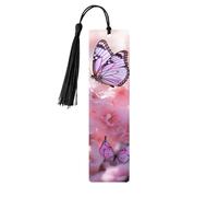 Pink Flower Wooden Bookmark with Tassels, Natural Rectangle Wood Craft Tags, Gifts for Men and Women