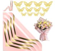 Pink Flower Wrapping Paper Waterproof Flower Bouquets Wrapping Paper 20 Sheets Floral Gift Wrap Paper Pink Floral WrappingPaper Kit with Butterfly,Ribbon,Florist Paper for Wedding Birthday Anniversary
