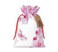 Pink Flowers and Butterfly Printed Christmas Drawstring Bags with Red Christmas Ribbon - Reusable Burlap Drawstring Gift Pouches, M