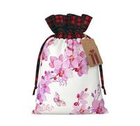 Pink Flowers And Butterfly Printing 4.7x6.9 Inch Christmas Bag Drawstring Closure,For Christmas Anniversaries Birthdays,Holds Gifts