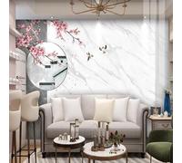 Pink Flowers Architecture Flying Birds Marble Effect 3D Wallpaper Silky Texture Home Study Office Grey Dining Room Sofa Bedroom Living Room TV Backdrop-300cm×210cm