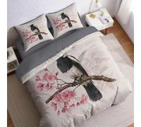 Pink Flowers Bedding King Size Bed Set Magpie Microfibre Comforter Cover 230x220 cm with 2 Pillowcases Zipper Closure Quilt Cover for Kids Teens Adults Bedroom