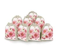 Pink Flowers Bunches Pocket Cotton And Hemp with Drawstring 8 Pieces Reusable Gift Bags Jewelry Pouch for Wedding DIY Craft Party (4.9 X 6.7 Inch)