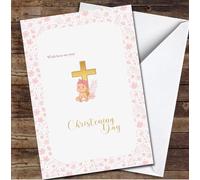 Pink Flowers Christening Golden Cross And Baby Girl Personalised Card - Christening Day Card, Personalised Card For Christening, Naming Day Card, Baptism Card