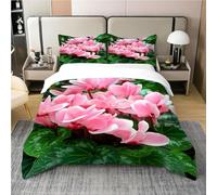 Pink Flowers Duvet Cover Double Green Leaves Bedding Set 3D Print Soft Microfiber Quilt Covers 200x200 cm with Zipper Closure and 2 Pillowcases 50x75 cm for Adults E.1810