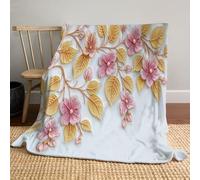 Pink Flowers Golden Leaves Print Blanket and Throws, Vintage Luxury Throw Blankets Soft Cozy Fleece Plush Warm Flannel Bedding Blanket for for Bed Couch Travel 220x240cm, Yellow