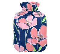 Pink Flowers Green Leaves Royal Blue Background hot Water Bottles with Soft Cover, 2L hot Water Bags for Hot and Cold Therapies, Menstrual Cramps, bolsas de agua Caliente para Dolores