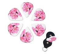 Pink Flowers Guitar Picks 6 Pack, 0.71mm Thickness Celluloid Bass Pick with Leather Guitar Pick Holder Keychain Abstract Art Pics Plectrum for Acoustic Electric Guitar, Ukulele, Bass