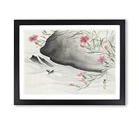 Pink Flowers & Insect By The River By Ohara Koson Asian Japanese Framed Print | A2 Black Framed Wall Art | Ready to Hang | Asian Floral Picture | Living Room Bedroom Lounge Office
