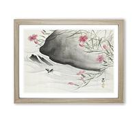 Pink Flowers & Insect By The River By Ohara Koson Asian Japanese Framed Print | A2 Oak Framed Wall Art | Ready to Hang | Asian Floral Picture | Living Room Bedroom Lounge Office