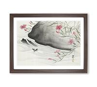 Pink Flowers & Insect By The River By Ohara Koson Asian Japanese Framed Print | A2 Walnut Framed Wall Art | Ready to Hang | Asian Floral Picture | Living Room Bedroom Lounge Office