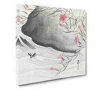 Pink Flowers & Insect by the River by Ohara Koson Canvas Print | Gallery Wrapped 30mm Frame Wall Art | 14x14 inches | Ready to Hang | Asian Animals Picture | Living Room Bedroom Lounge Office