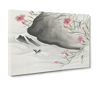 Pink Flowers & Insect By The River By Ohara Koson Canvas Print | Gallery Wrapped 30mm Frame Wall Art | 24x16 inches | Ready to Hang | Asian Animals Picture | Living Room Bedroom Lounge Office
