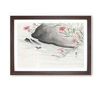 Pink Flowers & Insect by The River by Ohara Koson Framed Print | A2 Walnut Framed Wall Art | Ready to Hang | Modern Floral Picture | Living Room Bedroom Lounge Office
