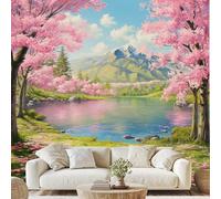 Pink Flowers Mount Fuji Mural Natural Mountain Landscape Self-Adhesive Wallpaper 100x70 cm Japanese Scenery Non-Woven Wall Paper for Bedroom Living Room Kitchen Wall Mural Removable Qe197D