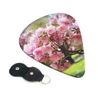 Pink Flowers on The Tree Guitar Picks 6 Pcs, 0.96mm Thickness Celluloid Plectrum with Leather Picks Holder, Personalized Guitar Pick for Bass Electric Acoustic Guitars Lovers Gift