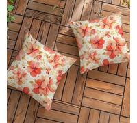 Pink Flowers Outdoor Cushions Waterproof Decorative Linen Throw Pillow Covers 40x40cm / 16x16Inches, Set of 2 Square Garden Cushion Covers with Invisible Zipper for Living Sofa Garden, Spring L-L227