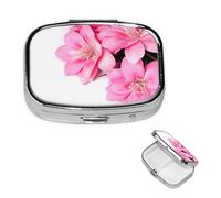 Pink Flowers Pill Box with Mirror 2 Compartment Decorative Pill Case for Purse or Pocket Small Square Pill Organizer Weekly Metal Medicine Tablet Vitamin Holder Travel Gift