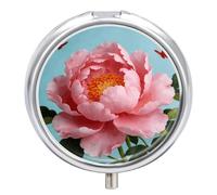 Pink Flowers Round Pill Box with Mirror 3 Compartment Portable Pill Case for Travel Outdoor Use Cute Small Pill Organizer for Pocket Or Purse
