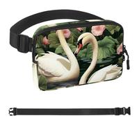 Pink Flowers Swan Fanny Packs for Women Men, Crossbody Belt Bag with Zipper Pockets,Waterproof Waist Packs with Adjustable Strap for Workout Running Traveling Hiking, Multicolor, One Size
