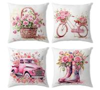 Pink Flowers Velvet Cushion Covers 45 x 45 cm Country Cowboy Western Decor Throw Pillow Cases Set of 4 Modern Fantasy Outdoor Cushions Floral Bike Truck Print Pillowcases Summer Decorative Girls Gifts