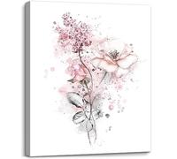 Pink Flowers Wall Art Canvas Pictures for Bathroom, Bedroom, Living Room - Wood Framed Decor Painting Artwork, Easy to Hang, Size 12x16in