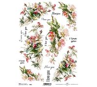 Pink Flowers with I Love You Text Rice Paper R0862-1 x A4 Sheet of decoupage Rice Paper