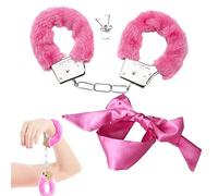 Pink Fluffy Handcuffs, Metal Handcuffs with 2 Keys, Satin Eye Mask Satin Eyecover, Handcuffs Toys for Sleeping Games,Valentine's Gift Cosplay Costume Props