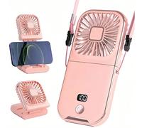 (pink) Folding handheld fan USB charging digital display outdoor mini neck hanging power bank fan，gift