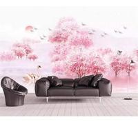 Pink Forest Swan Flying Bird Sunrise 3D Wallpaper Premium Textured Silk Study Dining Living Room Bedroom Sofa TV Wall Easy Install-400cm×280cm