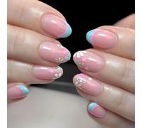 Pink French Floral Press On Nails with Blue Daisy Designs - 24PCS Glossy Short Oval Artificial Nails with Jelly Adhesive Tabs for French Manicure, Wedding Party, Elegant Touch Gift