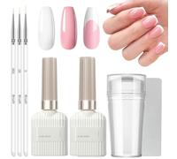 Pink French Manicure Kit - 2PCS Gel Nail Polish Set - Solid Pink White Nail Polish French Nail Tool Set with Nail Stamper - Inside 3PCS Thin Nail Art Brushes UV Lamp Required Nail Art