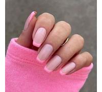 Pink French Tip False Nails - 24PCS Short Square Press On Nails - Nude Based Light Pink-edge Fake Nails with Glue - Coffin Medium Fresh Full Cover Stick on Nail Manicure for Women Girl Daily Nail Art