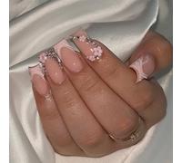 Pink French Tip False Nails Medium Long Square, SXVME Floral Press on Nails Long with Rhinestone Design Nude Fake Nails Coffin Natural Glue on Nails Acrylic Stick on Nails for Women Nail Art