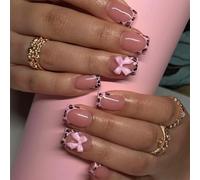 Pink French Tip False Nails Short Medium, SXVME Leopard Press On Nails with Cute 3D Bow Desgin, Glossy Acrylic Fake Nails Press ons Natural Nude Full Cover Stick on Nails For Women Daily Wear 24 Pcs