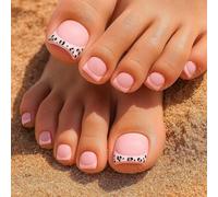 Pink French Tip False Toenails with Leopard Print Square Shape - 24Pcs Stick On Artificial Toenail Tips for Women, Glossy Short Square Nails for Beach Summer Casual Events Toe Nail Art