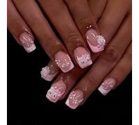Pink French Tip Press on Nails Short Square Cute Fake Nails with Cat Flowers Nail Charms Design Full Cover Cartoon Acrylic Nails for Women DIY Party Nail Decoration Supply 24Pcs