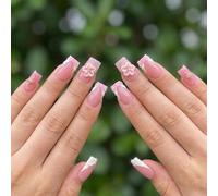 Pink French Tip Press On Nails with 3D Bow & Cherry Blossom - Square Extra Short Glossy False Nails for Women Elegant Daily Wear Dates & Social Events, Wedding, Party, Salon Quality DIY Manicure Set