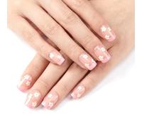 Pink French Tip Short Press on Nails Square Fake Nails with Flower Designs, Cute Press ons Daisy Acrylic Nail Glossy Spring Summer Glue on Nail Pink Stick on FalseNail for Women and Girls, 24Pcs